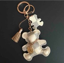 Bear Purse Bag Charm Key Chain FOB Handbag White Faux Leather Gold Plated Link