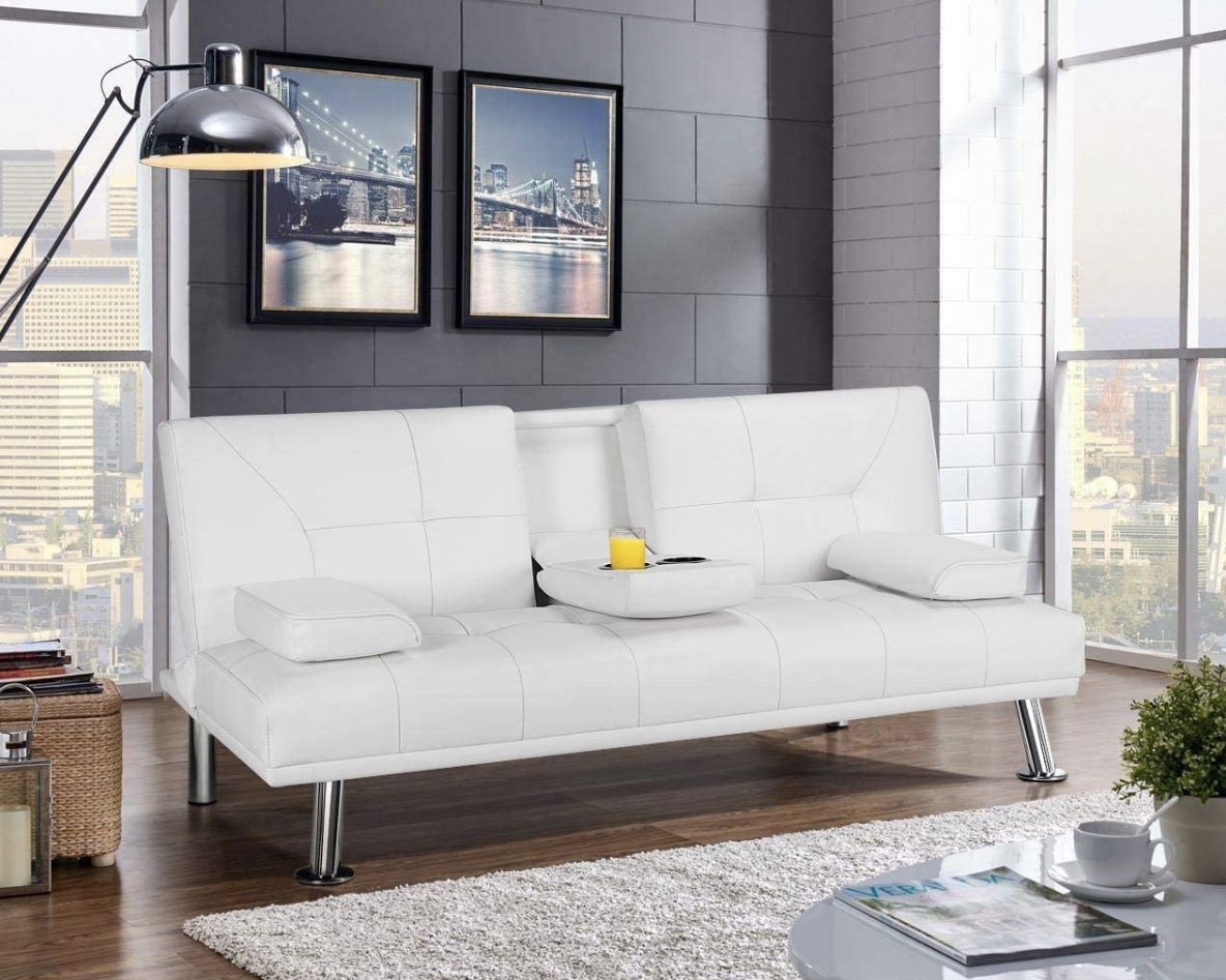 BRAND NEW White Leather Futon/ Couch with Cup Holders