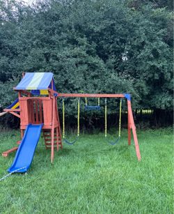 Wooden Swing Set with Slide and Climbing Tower
