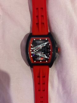 Skeleton Dial Tonneau Watch Red,Black,Orange Rubber Strap