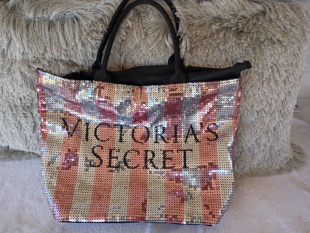 VICTORIA'S SECRET 2015 PINK SILVER SEQUIN STRIPED LOGO TOTE BAG