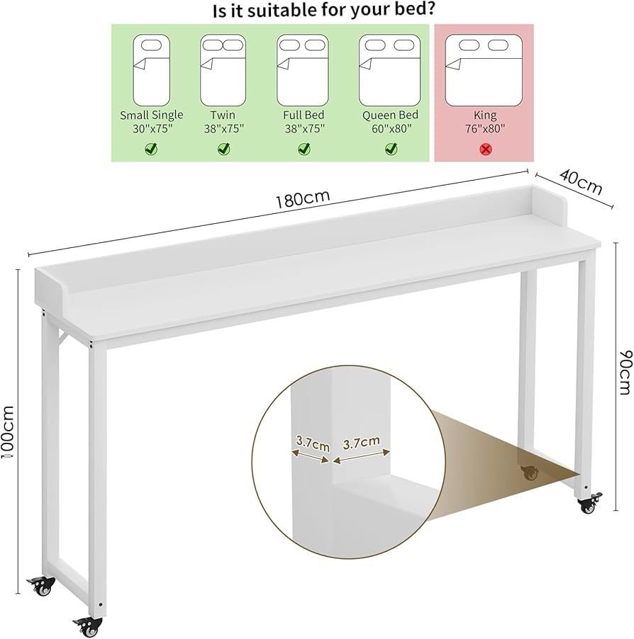 Overbed Table with Wheels, Queen Full Size Mobile Computer Desk, Standing Laptop Cart, Over Bed Table with Heavy Duty Metal Leg, for Bedroom 