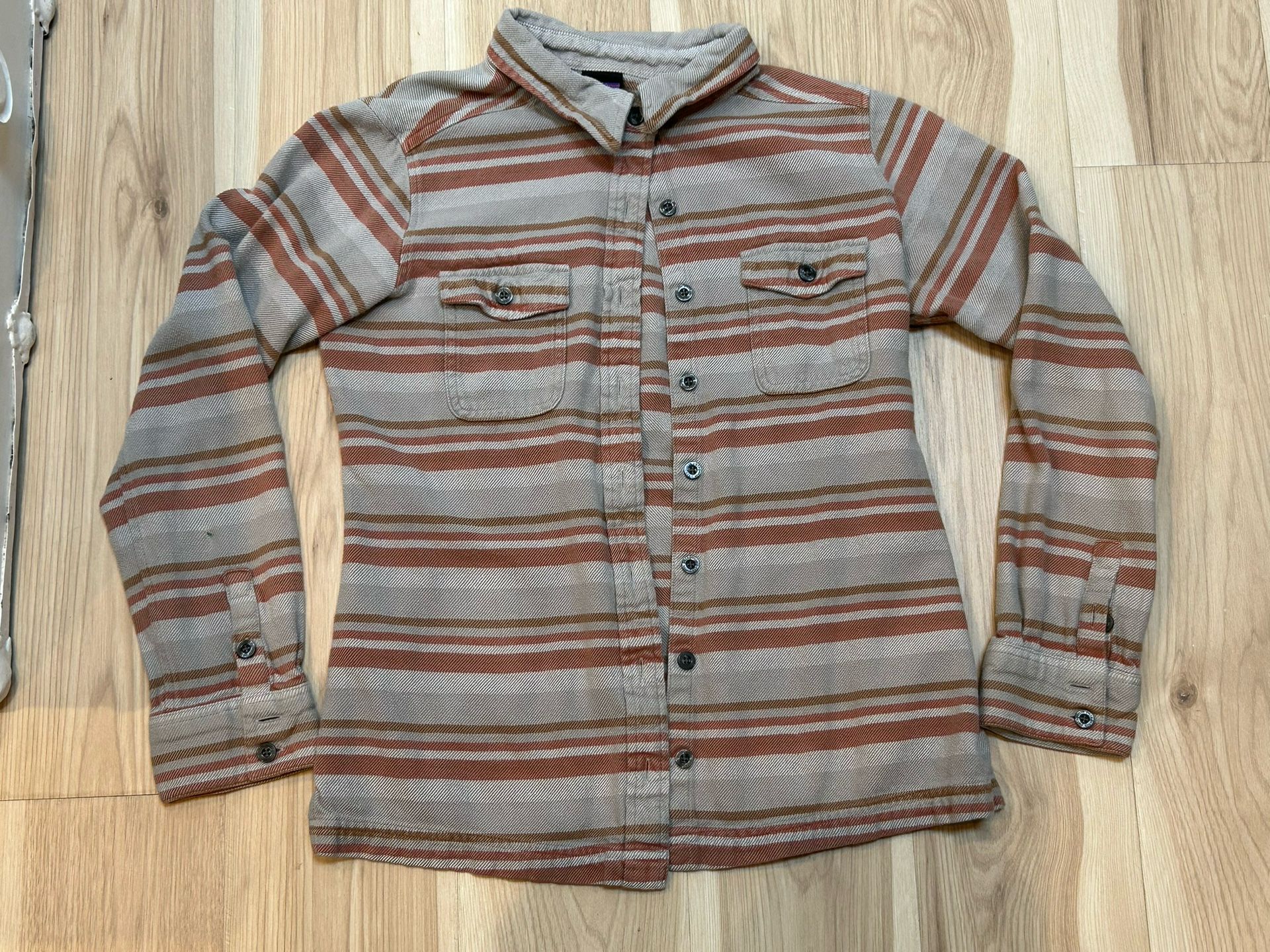 Patagonia Fjord Flannel Shirt Women’s 4 Gray Orange Stripe Long Sleeve Cotton
