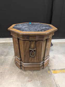 Octagonal Dark Wood End Table with Black Textured Top