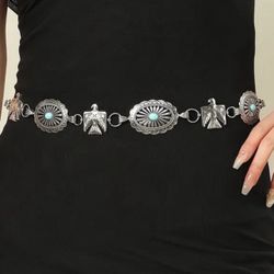 THUNDERBIRD CONCHO TURQUOISE WESTERN SILVER BELT ADJUSTABLE BUCKLE CHAIN BELT