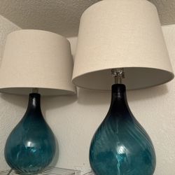 Pair Of Two Krystle Blue Lamps With Beige Lampshades