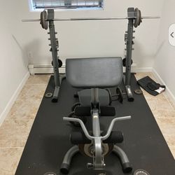 Weider Xrs20 Bench And Assorted Weights And Barbells