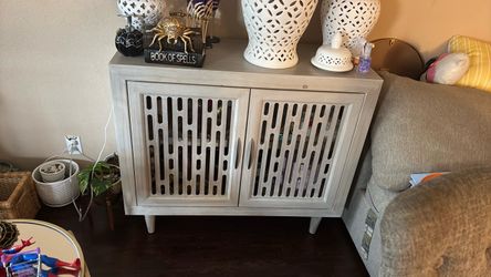 White Wash Wood Cabinet with Slatted Doors