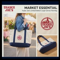 Trader Joe's Large Navy Blue Canvas Tote Bag 
