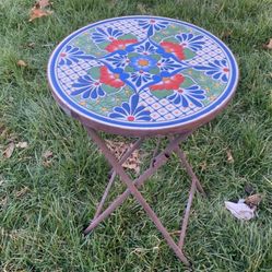 Vintage Folding Mosaic Tile Side Table Plant Stand Bistro Table 22” Tall 14” Dia
