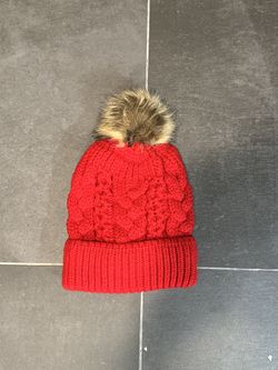 Red Cable-Knit Beanie with Pom-Pom