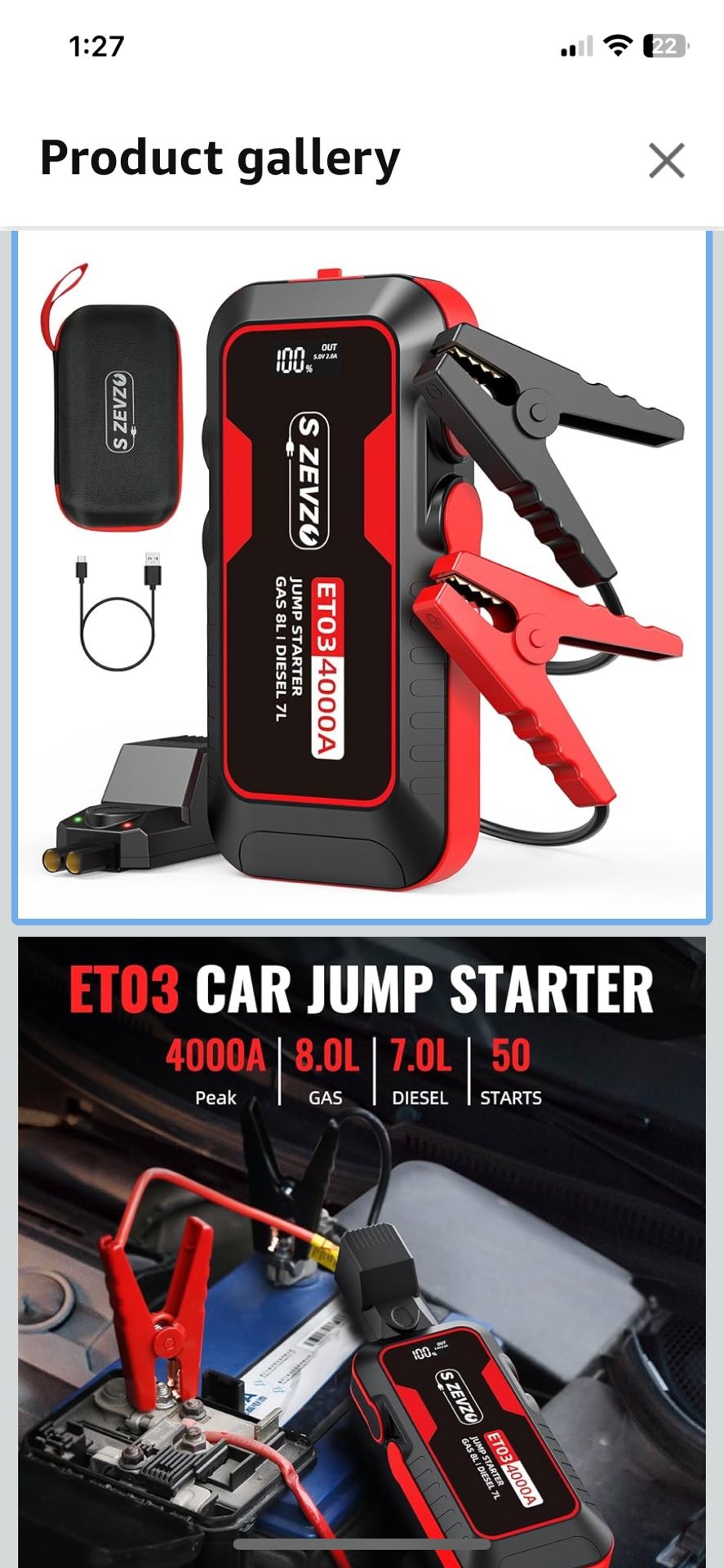 S ZEVZO ET03 Car Jump Starter 4000A Jump Starter Battery Pack for Up to 8.0L Gas and 7.0L Diesel Engines, 74Wh Portable 12V Jump Box with USB Ports, L