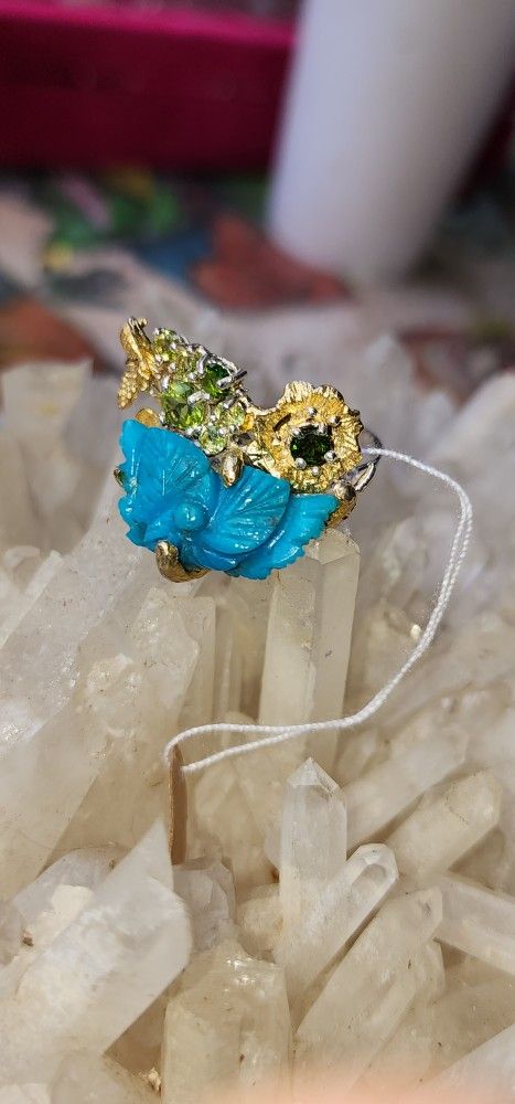 Carved 100% Natural Turquoise Peridot And Chrome Diopside Honey BEE RING Sterling Silver With 14k Gold Accents SIZE8