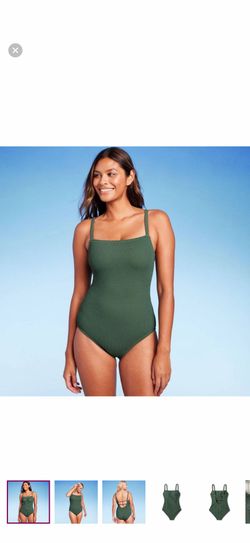 Women's Pucker Textured Square Neck One Piece Swimsuit, Dark Green, M 8-10