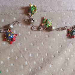 Beautiful Antique Silver Neclace From Mexico Silver Beads & With Turtle Charms 