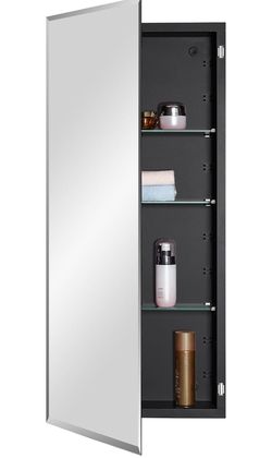 IDYLLOR Black Bathroom Medicine Cabinet with Beveled Edge Mirrored Door 16 x 36 inch, Recessed or Surface Mount, with Adjustable Glass Shelves @Pal-44