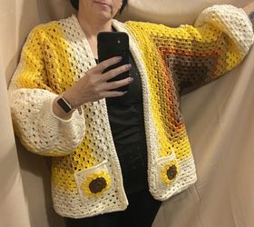 Handmade Sunflower Crochet Hexagon Cardigan Sweater L XL Boho Pockets