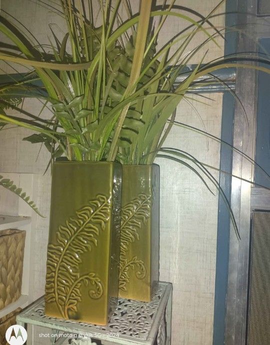 Two Decorative Vases With Silk Greenery