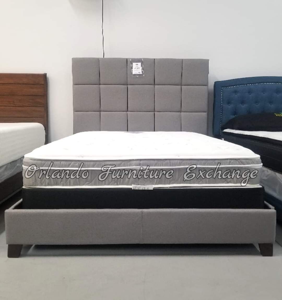 NOW ONLY $229❗ Yes its in our beautiful showroom! NEW GREY QUEEN UPHOLSTERED BED FRAME! "King size available"