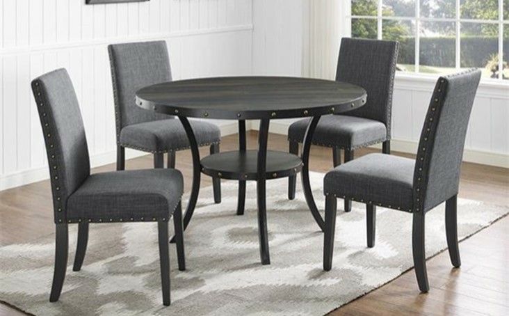 Brand New 5pc Round Dining Set With Charcoal Gray Linen Fabric Nail Studded Chairs 