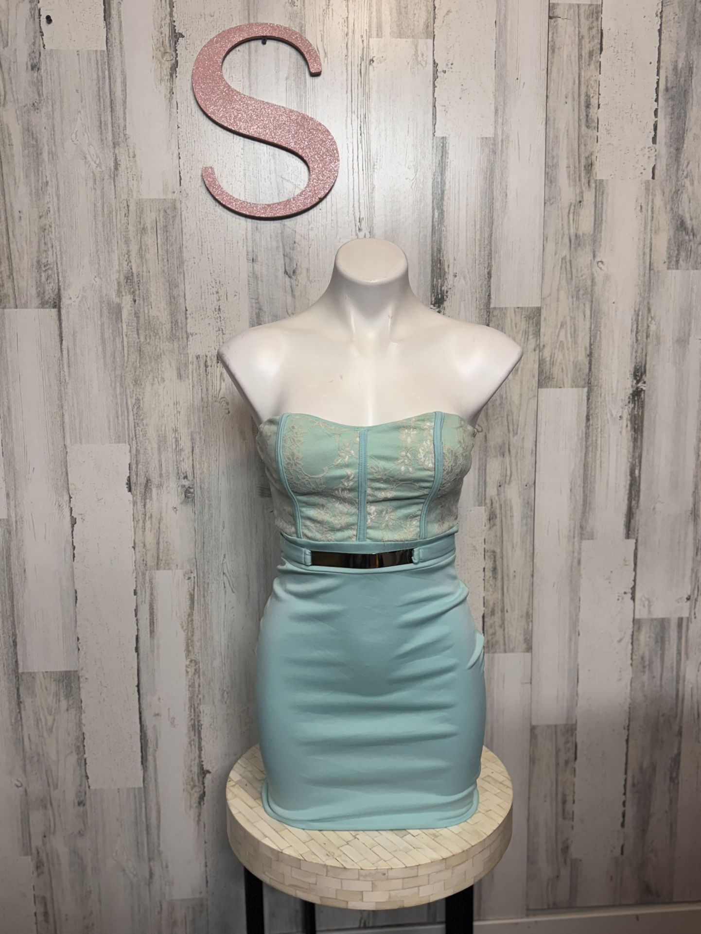 Mint Blue Strapless Bodycon Mini Dress with Lace Bust & Metallic Belt Small