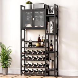 Wine Rack Freestanding Floor  12+ wine glasses  20 bottles of red wine  4 rows of wine glass racks  4 tiered wine racks