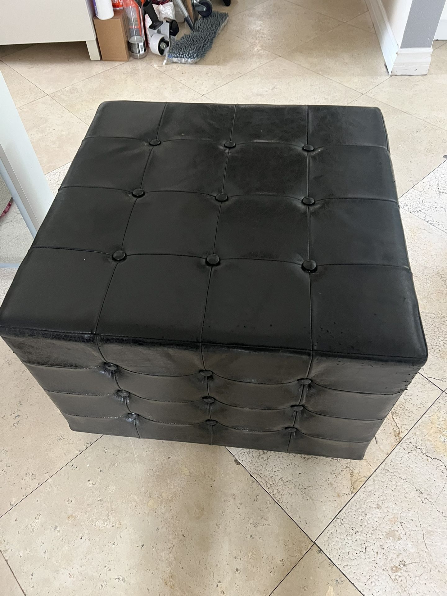Black Faux Leather Ottoman -Button Tufted