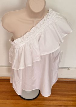 Birds of Paradise by Trovana white 100% cotton one shoulder ruffle button back blouse, size S
