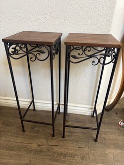 Set of 2 Wrought Iron Wood Top Plant Stands
