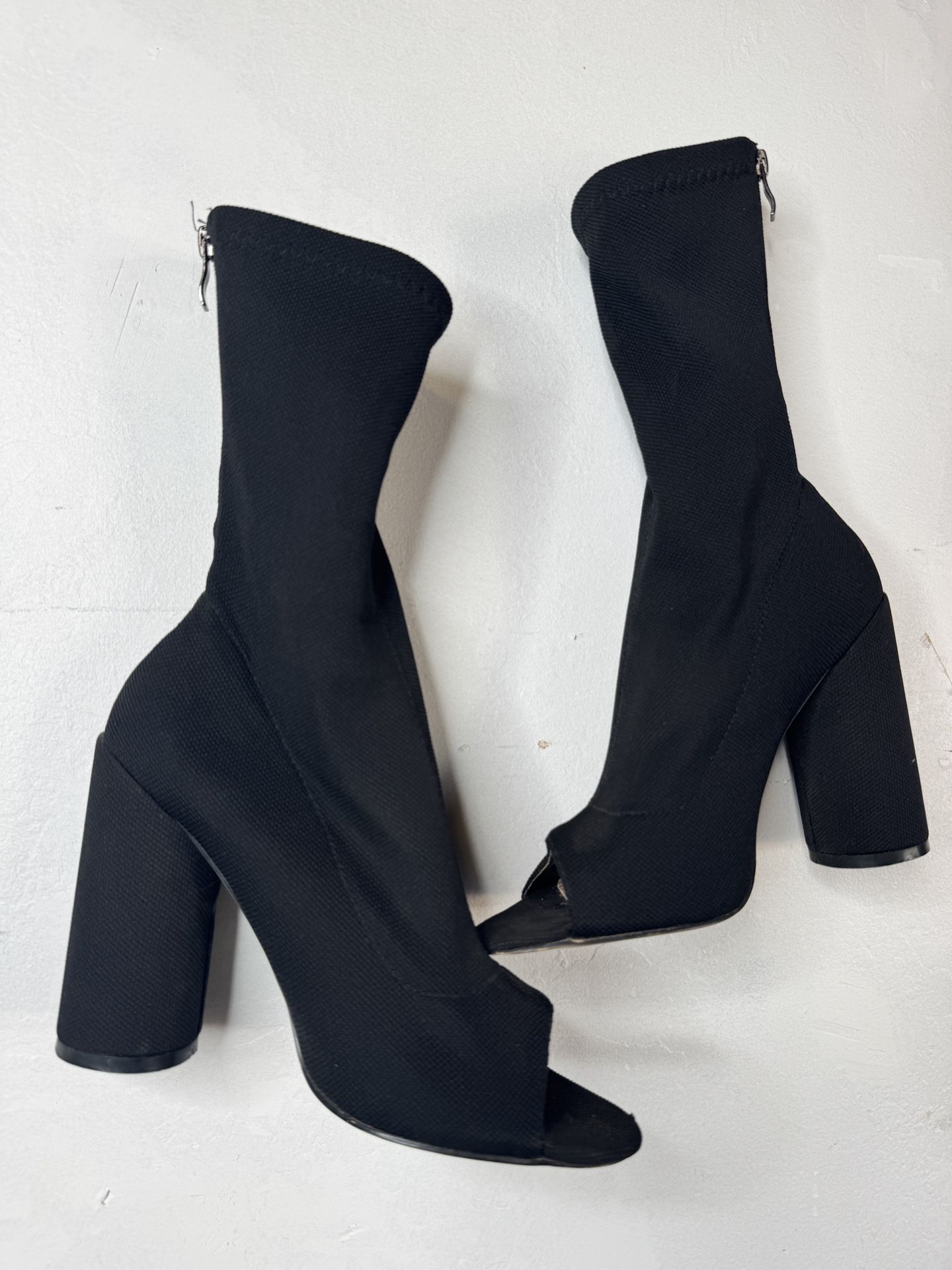 Black Peep-Toe Sock Heels — Size 10 women’s block heels