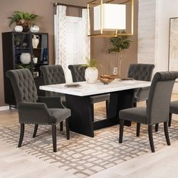 Brand New Brown & White Marble Top 7pc Dining Table Set
