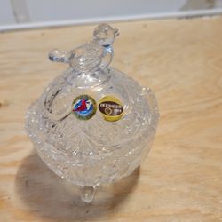 Beautiful Leaded Glass Footed And Covered Bird Themed Candy Dish