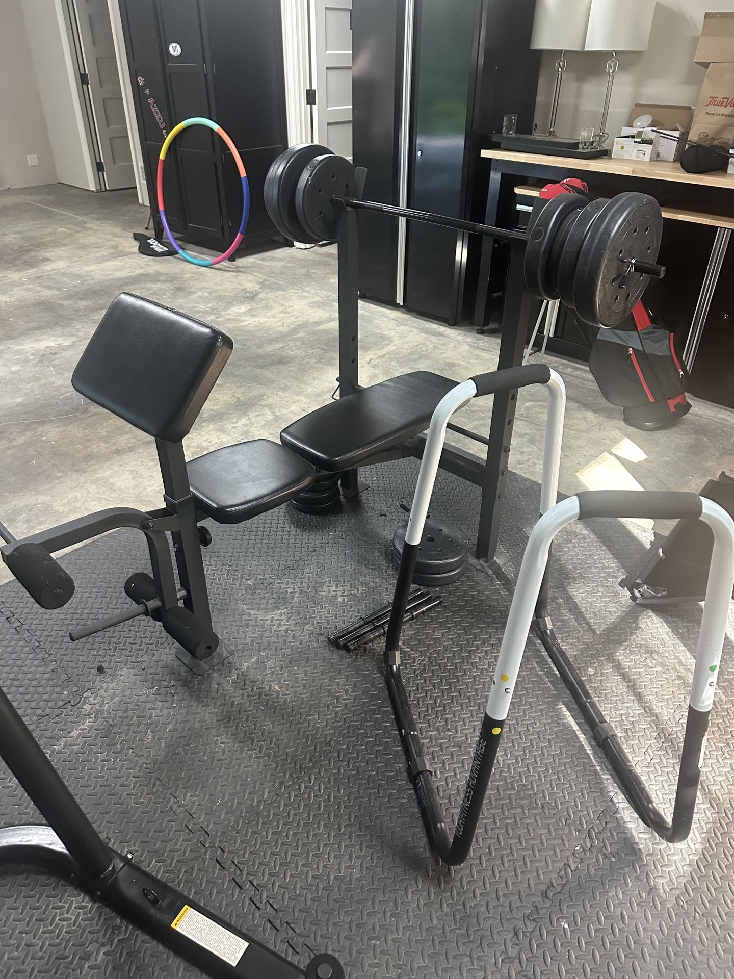 Bench press set - seat, bar, 130 lbs in weight plates + Body Press Dip Bar
