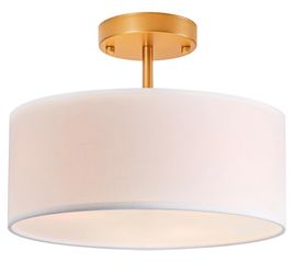 Bargeni Semi Flush Mount Ceiling Light,13 Inch Drum Ceiling Light Fixture,Gold Light Fixtures Ceiling Mount With White Fabric Shade