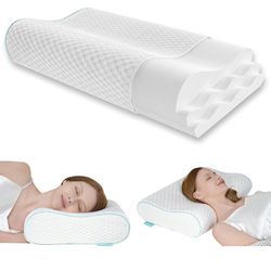 Queen Size Memory Foam Pillow, Adjustable Contour, Ergonomic Design for Neck Pain Relief, Cooling, Breathable, Medium Firm, 23.6x13.7x4.7/3.9in