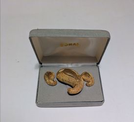 Coral Gold-Tone Textured Swirl Brooch and Clip On Earrings Set
