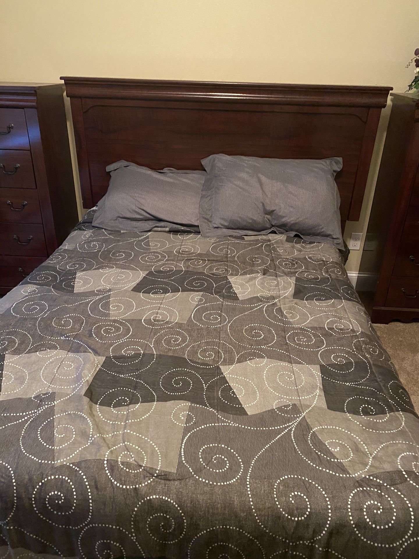 Full size bed frame with nightstand and dresser (Cherry Wood)