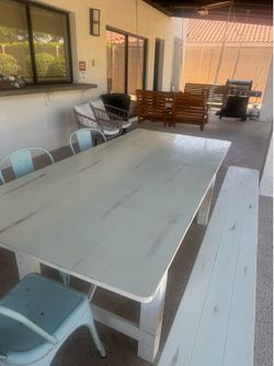 Farmhouse style table bench and chairs