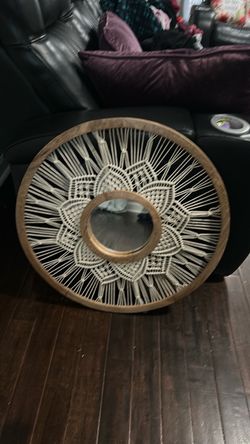 Round Macrame Wall Mirror with Wood Frame