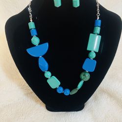 Teal & Blue Chunky Shapes Necklace & Earrings Set