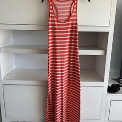 Stripes Coral White Cotton Soft Long Dress - Size M