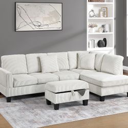 3-Piece Sectional Set W/ Ottoman RAF Chaise + LAF Sofa W/ Cup Holders + Storage Ottoman Sectional set  New sectional   Color: Beige  Bonito seccional 