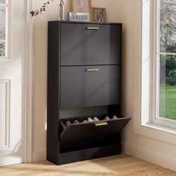 Shoe Cabinet, Free Standing Tipping Bucket Shoe Rack Organizer with 3 Flip Drawers, Modern Entryway Shoe Storage with Top Display, Narrow Slim Hidden 