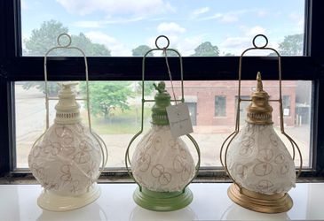 Set of 3 Large Vintage Style Metal & Glass Candle Lanterns – Farmhouse, Cottagecore, Wedding Centerp