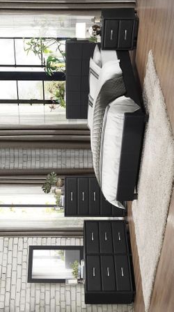 Lorenzi Black Vinyl Panel Bedroom Set (Queen King Size Bedroom Set)