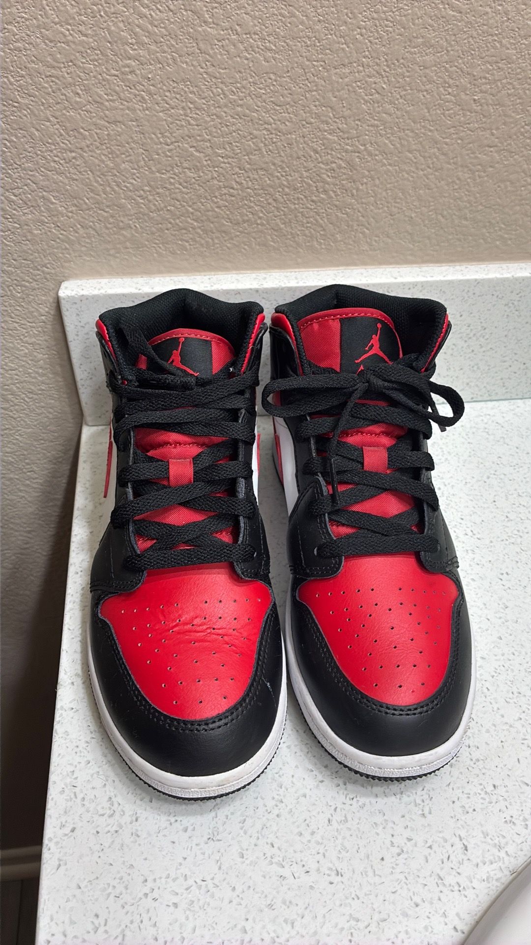 jordan mid 1’s white black red $75