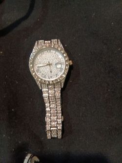Iced Out Silver-Tone Watch with Roman Numerals
