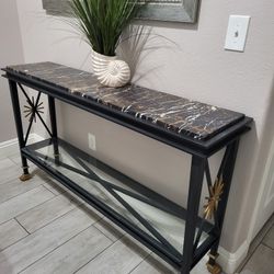 Luxury Marble Stone  Black Gold Iron Entry / Console Table ~ 60"Lx14"Wx34"T ~ Durable Heavy No Pet No Smoke Home