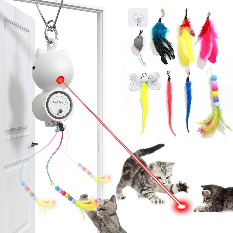 Brand New In Box FEELNEEDY Laser Interactive Cat Toys, Feather & Mouse Cats Toy, Hanging Cat Toys for Indoor Cats, Silver LED Light, for Bored Adult