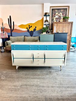 Mod Dresser / Blue & Cream Mid-Century Modern with 9 Drawers
